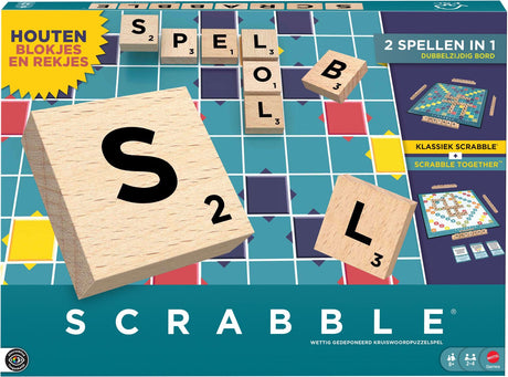 Mattel games scrabble - bordspel - houten blokjes en rekken - twee spellen in één