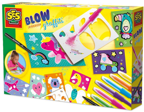 Ses creative blow airbrush pens - graffiti met kleurplaten en brushstift - vanaf 5 jaar - blaaspennen - schoencadeautjes sinterklaas