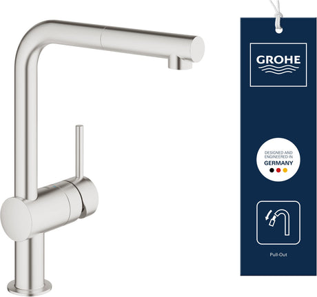 Grohe minta keukenkraan - l-uitloop - 360° draaibereik - met uittrekbare handdouche - supersteel (rvs look)