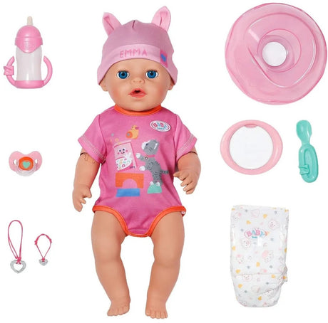 Baby born emma click play, babypop met 10 functies en accessoires, met click play-functie, voor kinderen van 3+ jaar, werkt zonder batterijen, pop van 43 cm