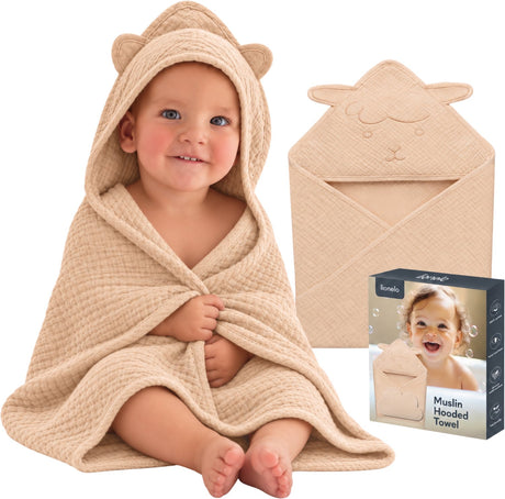 Lionelo muslin hooded baby towel – zachte babyhanddoek met capuchon van 100% katoenen mousseline – zachte badcape met capuchon – ademend, hypoallergeen irritatievrij – uitstekende absorptie – voor pasgeborenen oudere kinderen – 75x75 cm