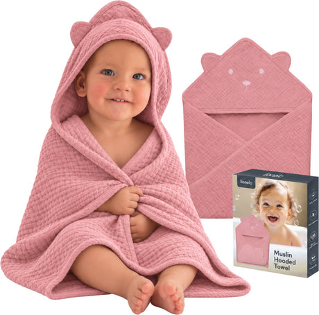 Lionelo muslin hooded baby towel – zachte babyhanddoek met capuchon van 100% katoenen mousseline – zachte badcape met capuchon – ademend, hypoallergeen irritatievrij – uitstekende absorptie – voor pasgeborenen oudere kinderen – 75x75 cm