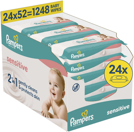 Pampers sensitive billendoekjes - 2-in-1: reinigen zacht beschermen - 0% plastic in de doekjes - 24 verpakkingen van 52 doekjes = 1248 babydoekjes