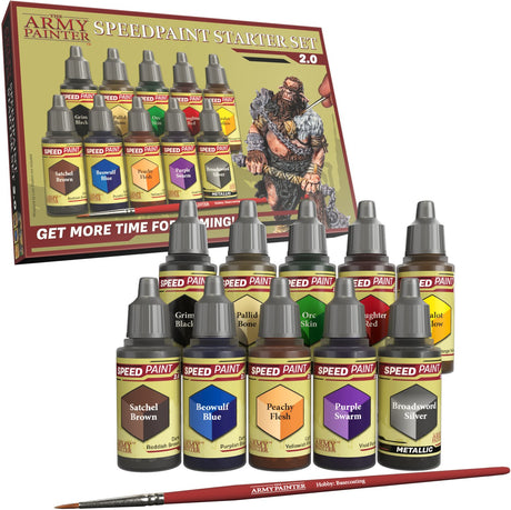The army painter speedpaint starter set 2.0, perfecte acrylverfset voor beginners, bevat 10 flesjes van 18ml acrylic paint en 1 basiscoating kwast voor warhammer 40k en dungeons and dragons