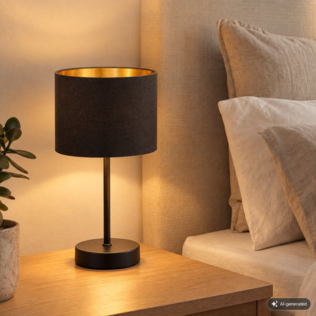 Briloner b.k.licht - zwart gouden tafellamp - metaal stof - met kap - voor binnen - industriële bedlamp - slaapkamer lamp - e27 fitting - excl. lichtbron