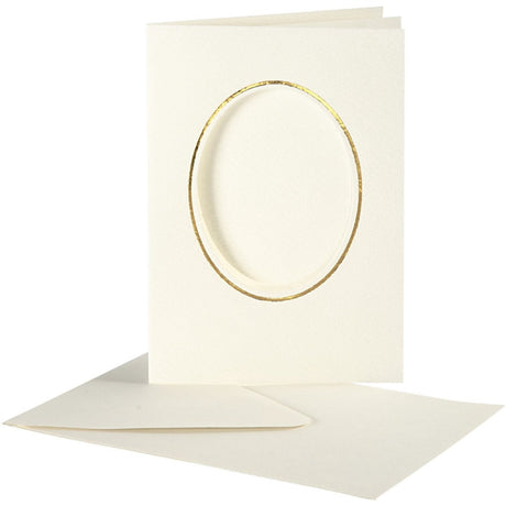 Creotime passepartout kaarten , afmeting kaart 10,5x15 cm, gatgrootte 6,5x8,8 cm, off-white, ovaal met gouden rand, 10sets