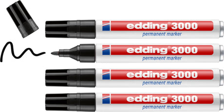 Edding 3000 permanent marker - zwart - 4 stiften - ronde punt 1,5-3 mm - water en wrijfvast - voor karton, kunststof, hout, metaal, etc. - alcohol markers voor volwassenen