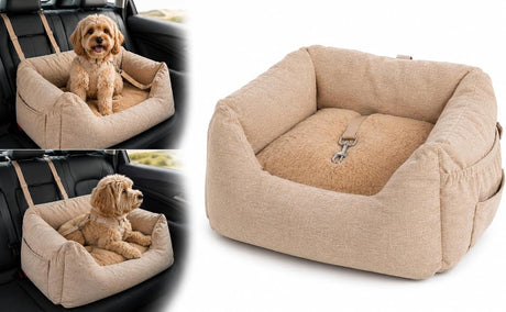 Flamingo autostoel hond – autostoel megan beige – 62x62x25cm – wasbare hoezen antislip bodem – veilig reizen voor kleine honden l