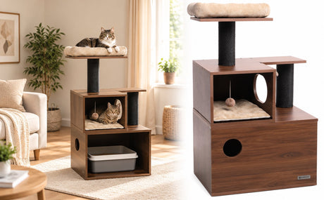 Flamingo krabpaal kat - mirabel bruin - 117 cm - luxe krabpaal met kattenmand en schuilhuisje - ruimte voor kattenbak - krabtouw en speeltje - 56x42x117 cm
