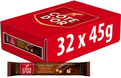 Cote d'or côte d'or chocolade reep puur hele hazelnoten doos 32 repen x 45g - chocoladerepen en tabletten - chocoladebar - chocolade om uit te delen - voorraad - cadeau