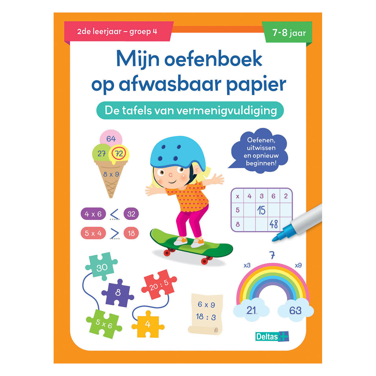 Deltas oefenboek afwasbaar papier tafels van vermenigvuldiging(7-8 j.)