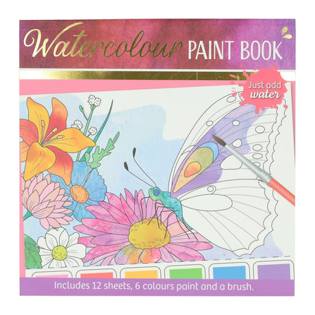 Johntoy waterverfkleurblok volwassenen - vlinders en bloemen - incl penseel en 6 kleuren waterverf
