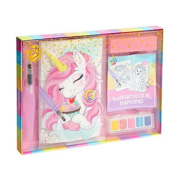 Moxy aquarel set met 20 kleurplaten waterkwast en verf