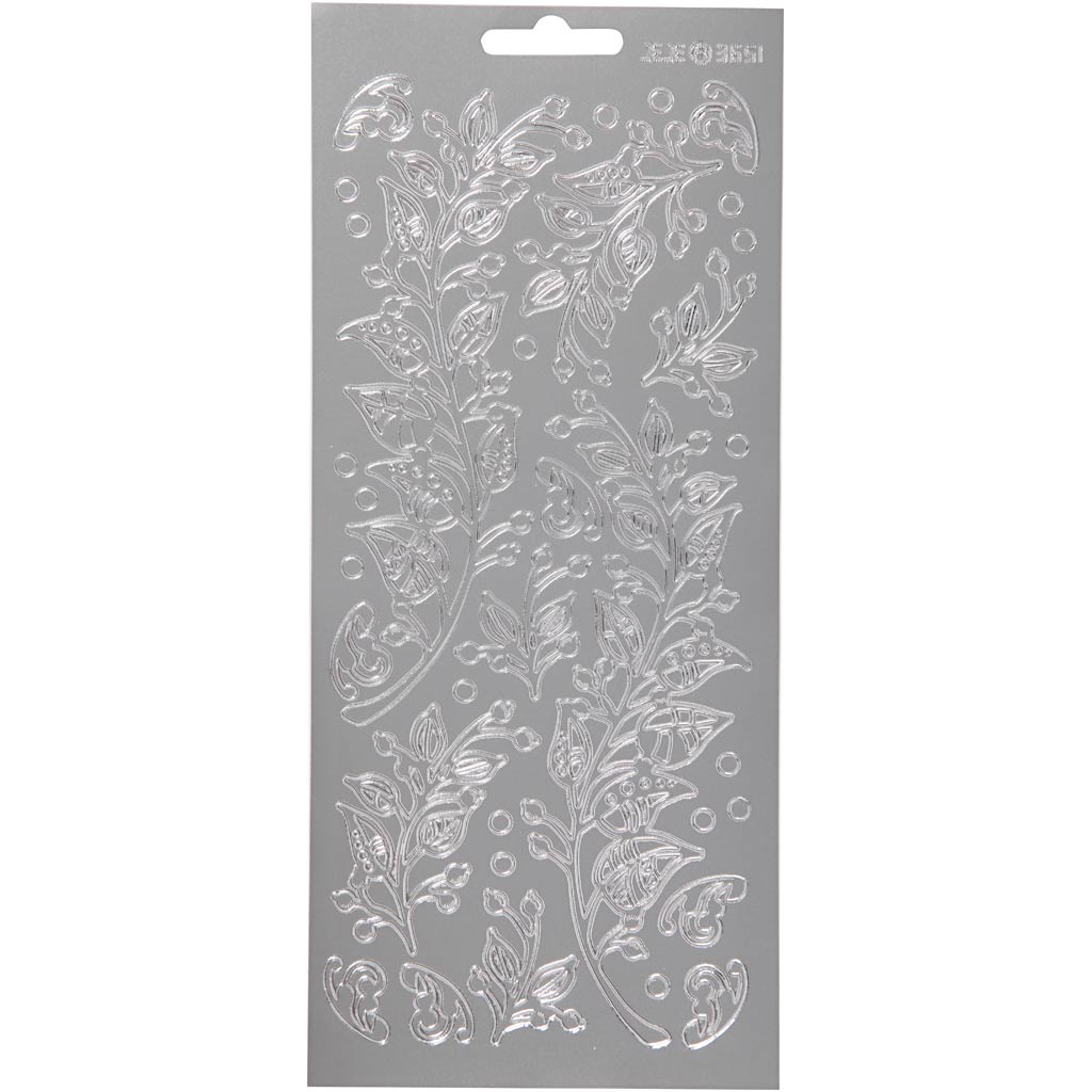Stickers, bladeren, vel 10x23 cm, zilver, 1 vel