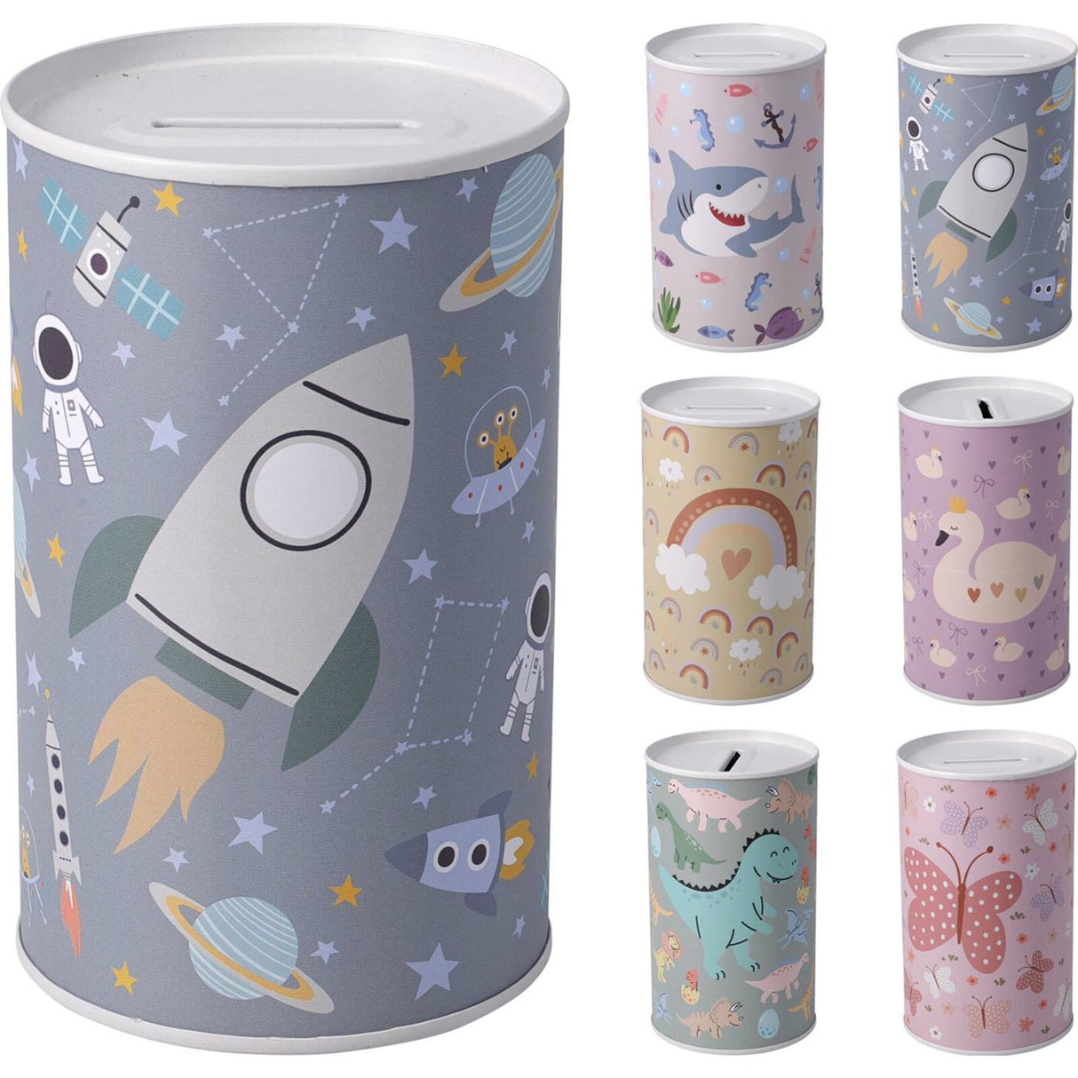 Spaarpot blik met kinderafbeelding 8x8x13cm