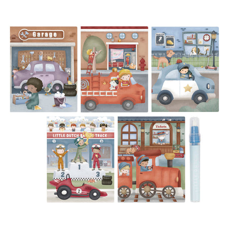 Little dutch waterkleurboek - jim voertuigen - 5 pagina's - herbruikbaar - met hervulbare waterpen - water magic -knutselen - speelgoed kinderen - voor meisjes en jongens - vanaf 2 jaar