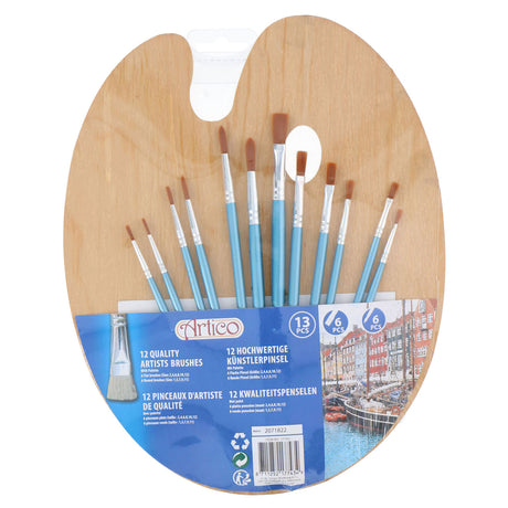 Verf penselen met houten schilderspalet, 13dlg.