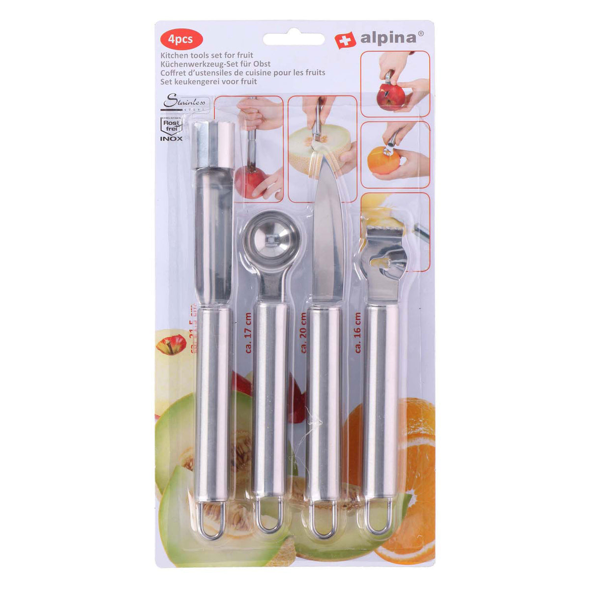 Alpina fruitsnijset - set van 4 stuks - schiller fruitsnijder appelboor meloenboor - rvs
