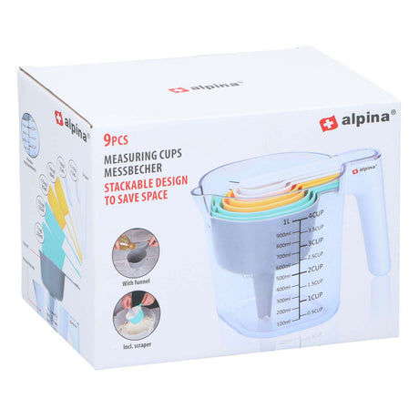 Alpina maatbeker set 9 stuks - meetset met maatbeker 1 liter - stapelbare maatbekers - inclusief trechter en schraper en maatlepels