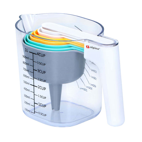 Alpina maatbeker set 9 stuks - meetset met maatbeker 1 liter - stapelbare maatbekers - inclusief trechter en schraper en maatlepels