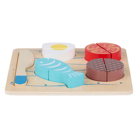 Marionette wooden toys houten snijpuzzel vlees - 10-delig - educatief speelgoed - bevordert fijne motoriek - realistische voedselvormen - 18x18x2,5 cm - meerkleurig