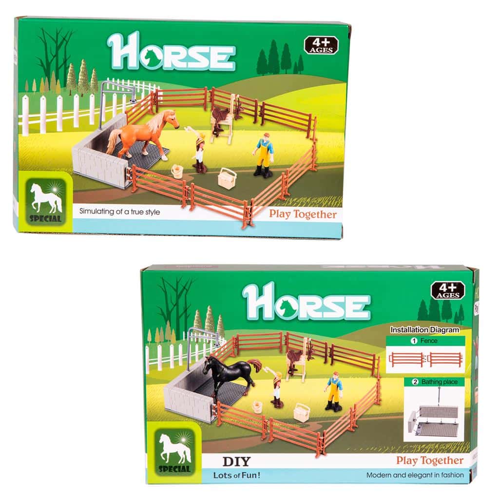 Van der meulen horse paard met afzetting voor een weide en 2 figuurtjes met accessoires