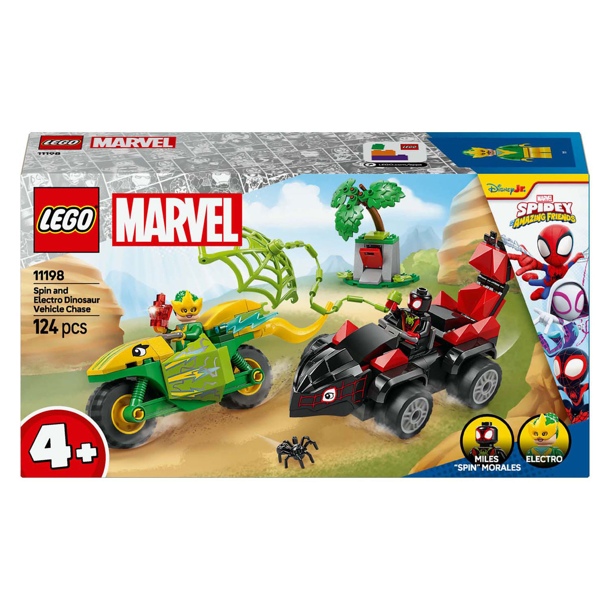 Lego Spidey 11198 Spin and Electro Chase z pojazdami dinozaurów