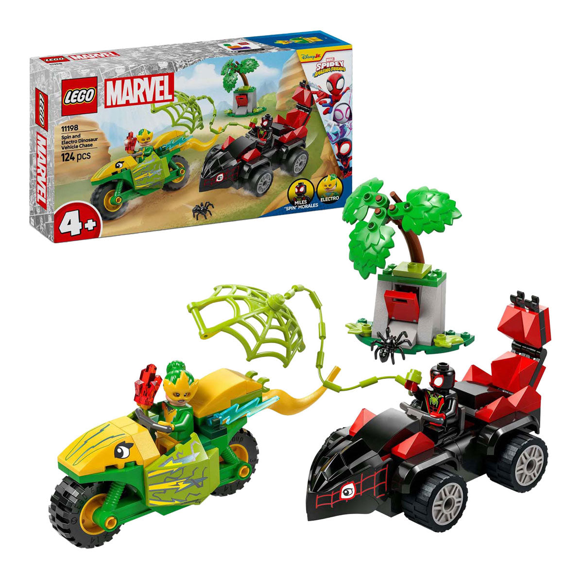 Lego Spidey 11198 Spin and Electro Chase z pojazdami dinozaurów