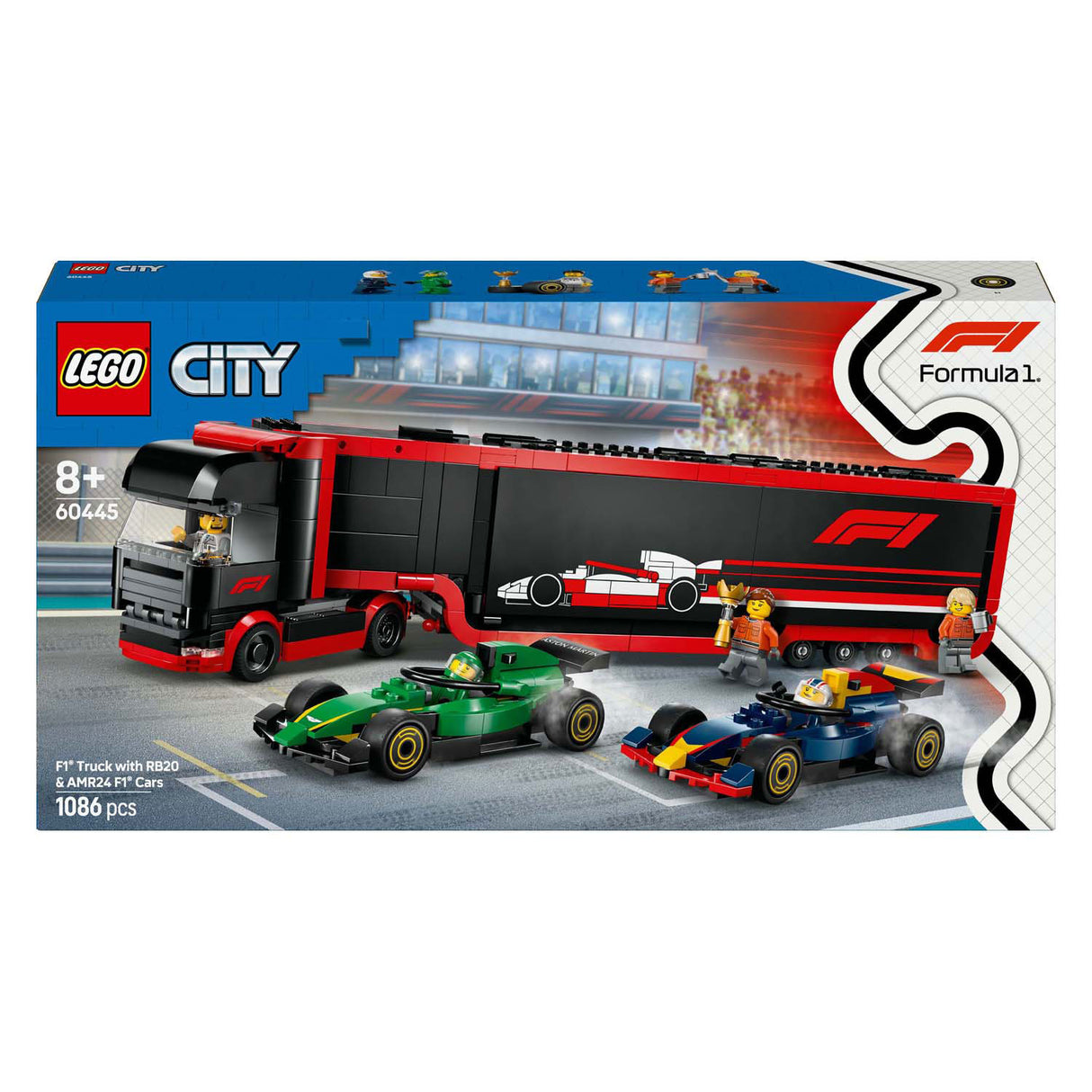 Lego City 60445 F1 -lastbil med RB20 och AMR24 F1 -bilar