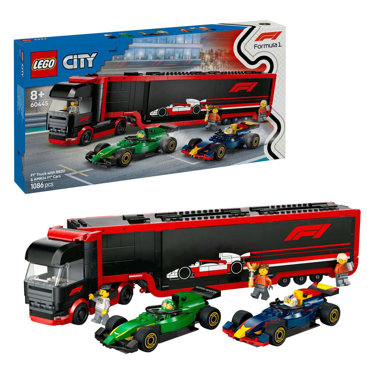 Lego city 60445 f1 truck met rb20 en amr24 f1 auto's