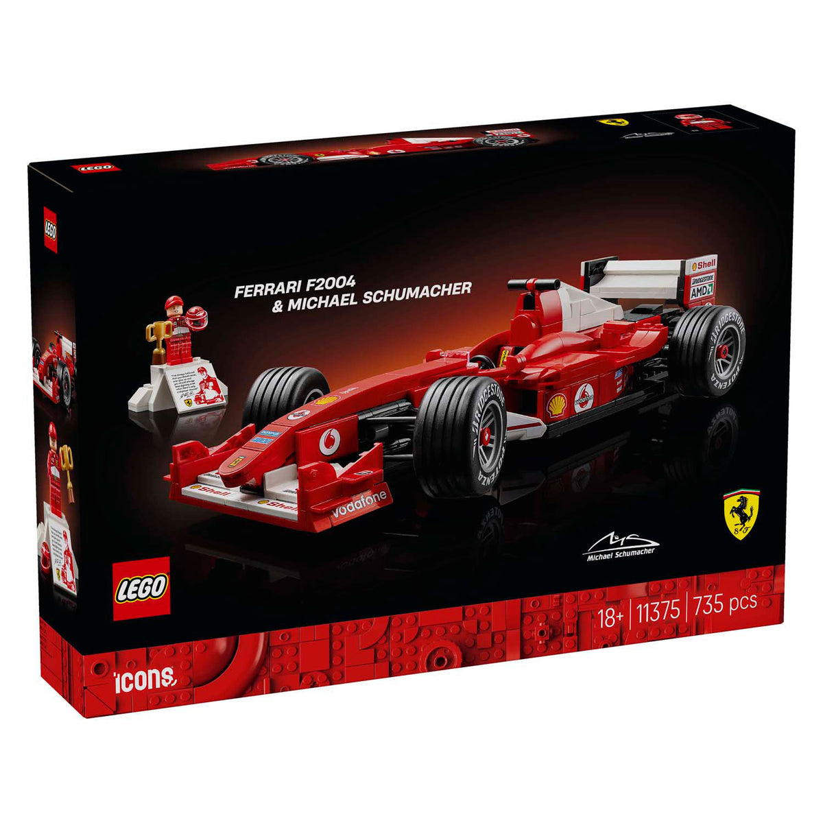 Lego icons ferrari f2004 en michael schumacher model auto bouwpakket voor volwassenen en decoratie 11375