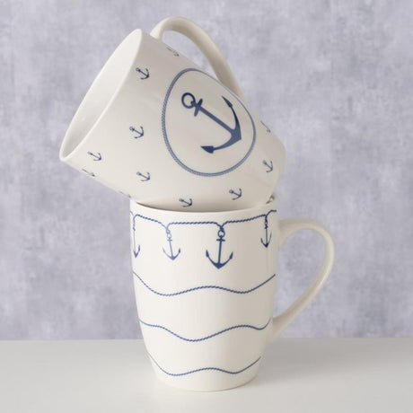 Boltze home mok 'bã¼sum' 350 ml wit met blauw anker motief dia.8,5x10,5cm porselein 2 assorti