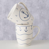 Boltze home mok 'büsum' 350 ml wit met blauw anker motief dia.8,5x10,5cm porselein 2 assorti