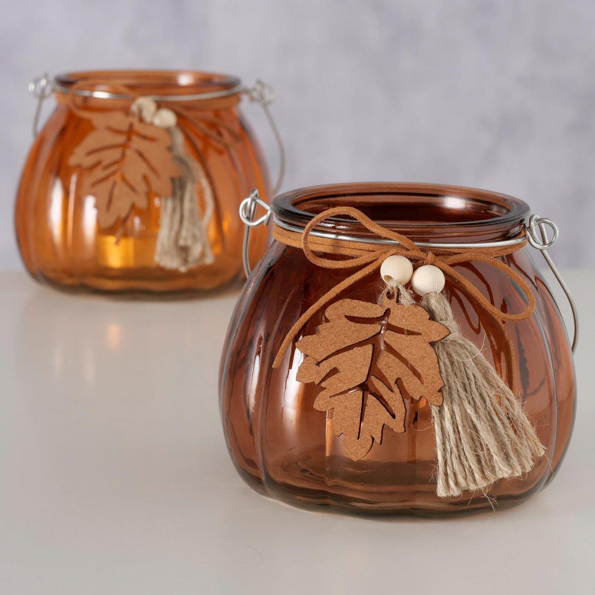 Boltze home windlicht pompoen rondy h9,5cmglas gelakt bruin oranje 2 assorti