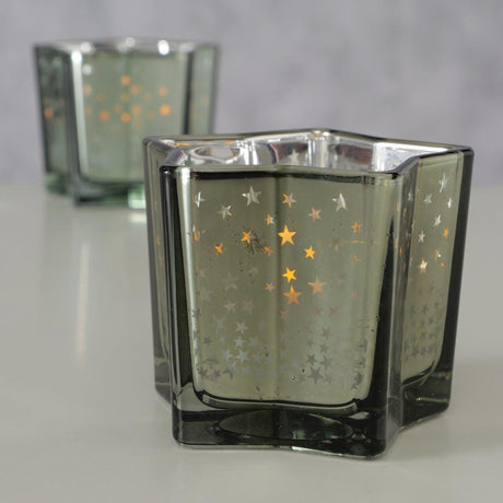 Boltze home windlicht millia ster h6,5cm glas grijs groen 2 assorti