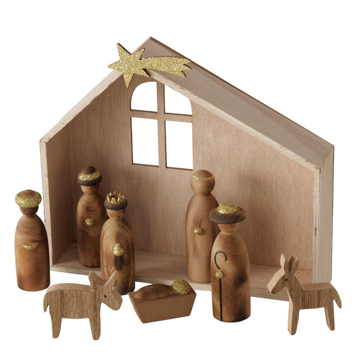 Boltze home kerststal luminaro 9-delig h20cm onbehandeld hout goudnatuur