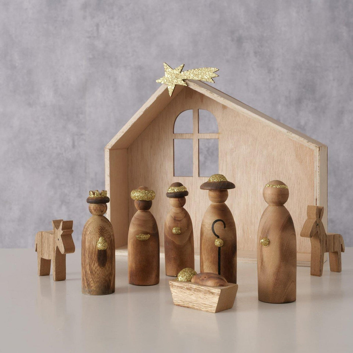 Boltze home kerststal luminaro 9-delig h20cm onbehandeld hout goudnatuur