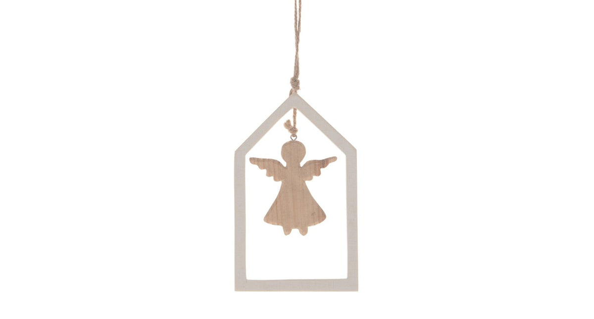 Wooden house hanger angel 16x14.5x1.5cm white