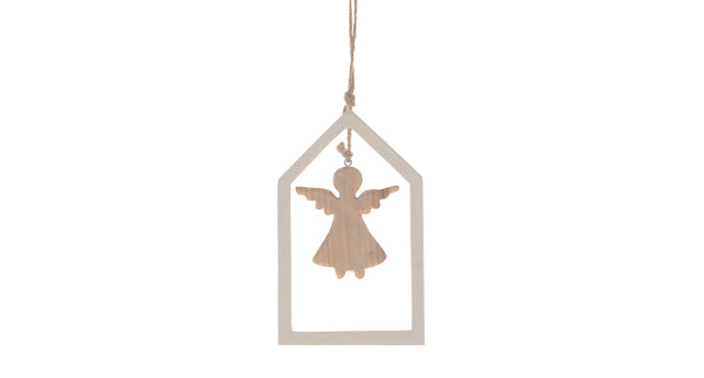 Wooden house hanger angel 16x14.5x1.5cm white