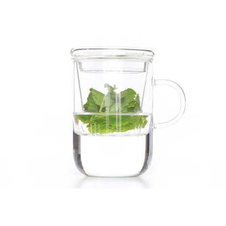 Theekop met filter glas cl ø 8cm hoogte: 12,5 cm<br> inhoud: 470 ml