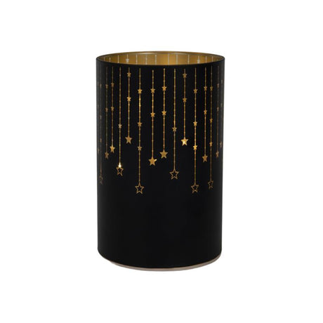 Svenska living decoratieve lantaarn van glas 14cm led zwart goud met sterren timer (exclusief 3 x aa batterij )