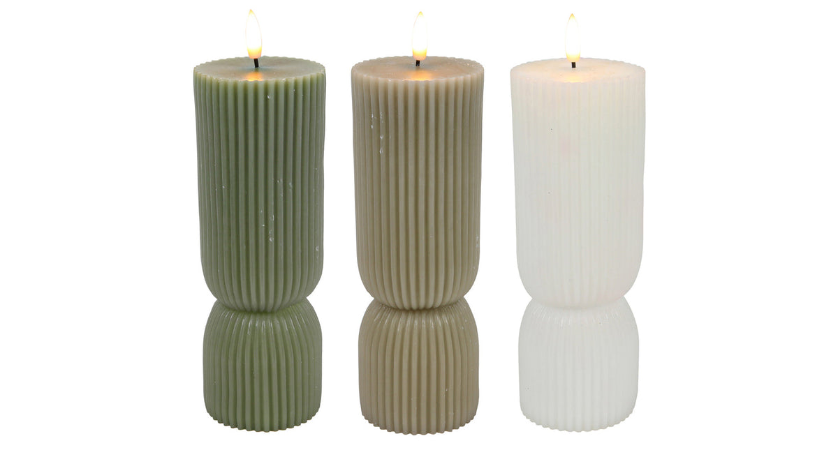 Led kaars ribbel wit z.groen grijs d7x20cm 3 assortie 2xaa excl.