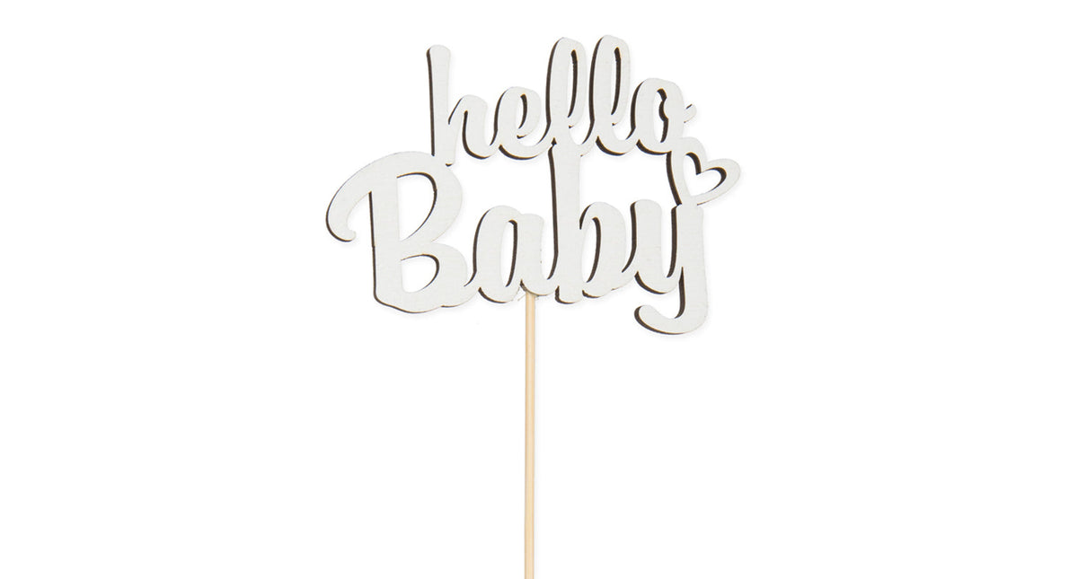 Pak á 8 houten steker ''hello baby'' wit 9cm