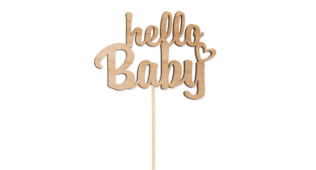 Pak á 8 houten steker ''hello baby'' naturel 9cm
