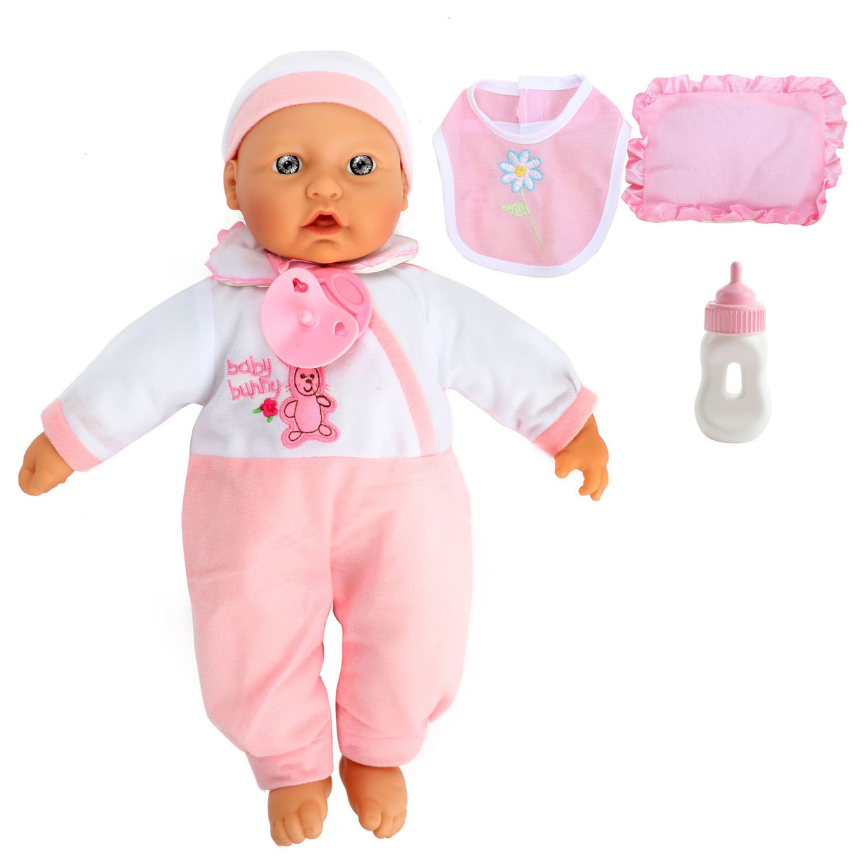 Beau bébé babypop avec bouteille et bavoir, 40 cm