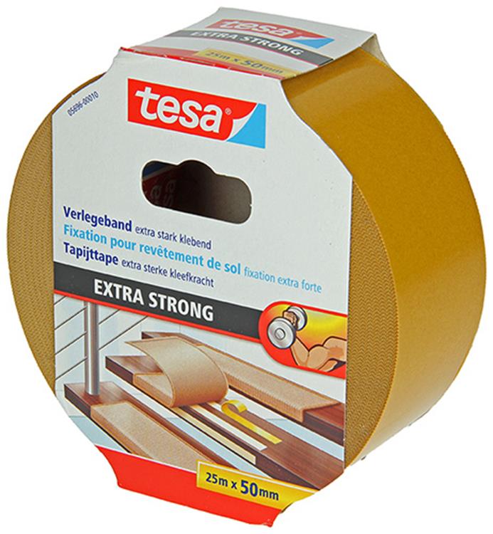 Tesa legtape extra sterk dubbelzijdig plakband voor tapijt en pvc vloeren – 25m x 50mm