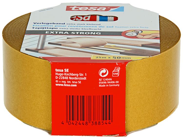 Tesa legtape extra sterk dubbelzijdig plakband voor tapijt en pvc vloeren – 25m x 50mm