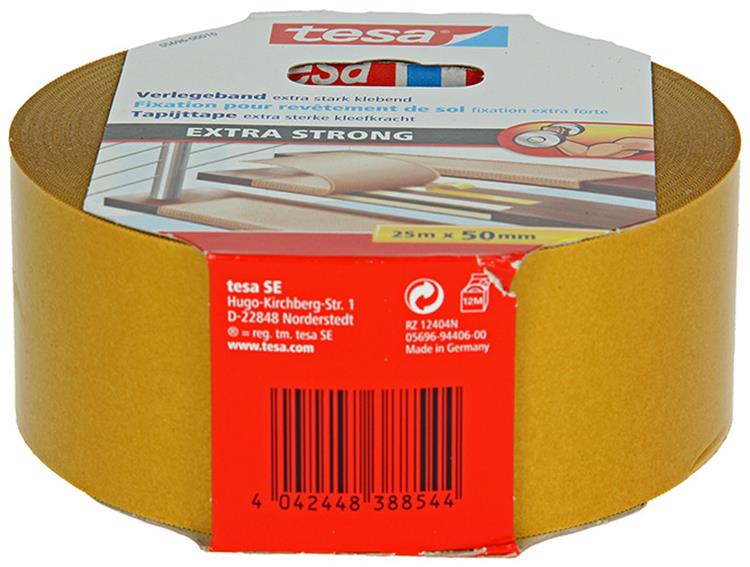 Tesa legtape extra sterk dubbelzijdig plakband voor tapijt en pvc vloeren – 25m x 50mm