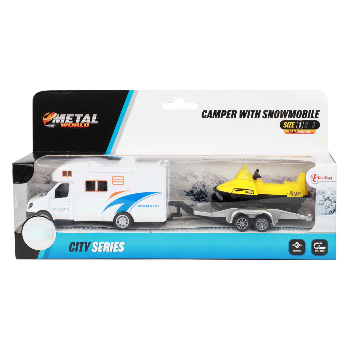 Toi-toys metalen pull back camper met aanhanger en sneeuwscooter