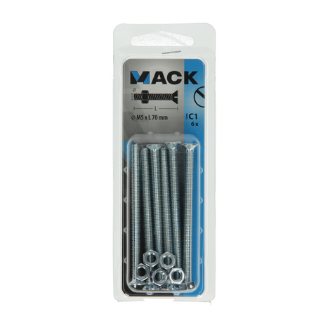 Mack 1017506 - metaalschroef verz. kop + moer verz. 6 st m5 x 70 mm | 10 stuks